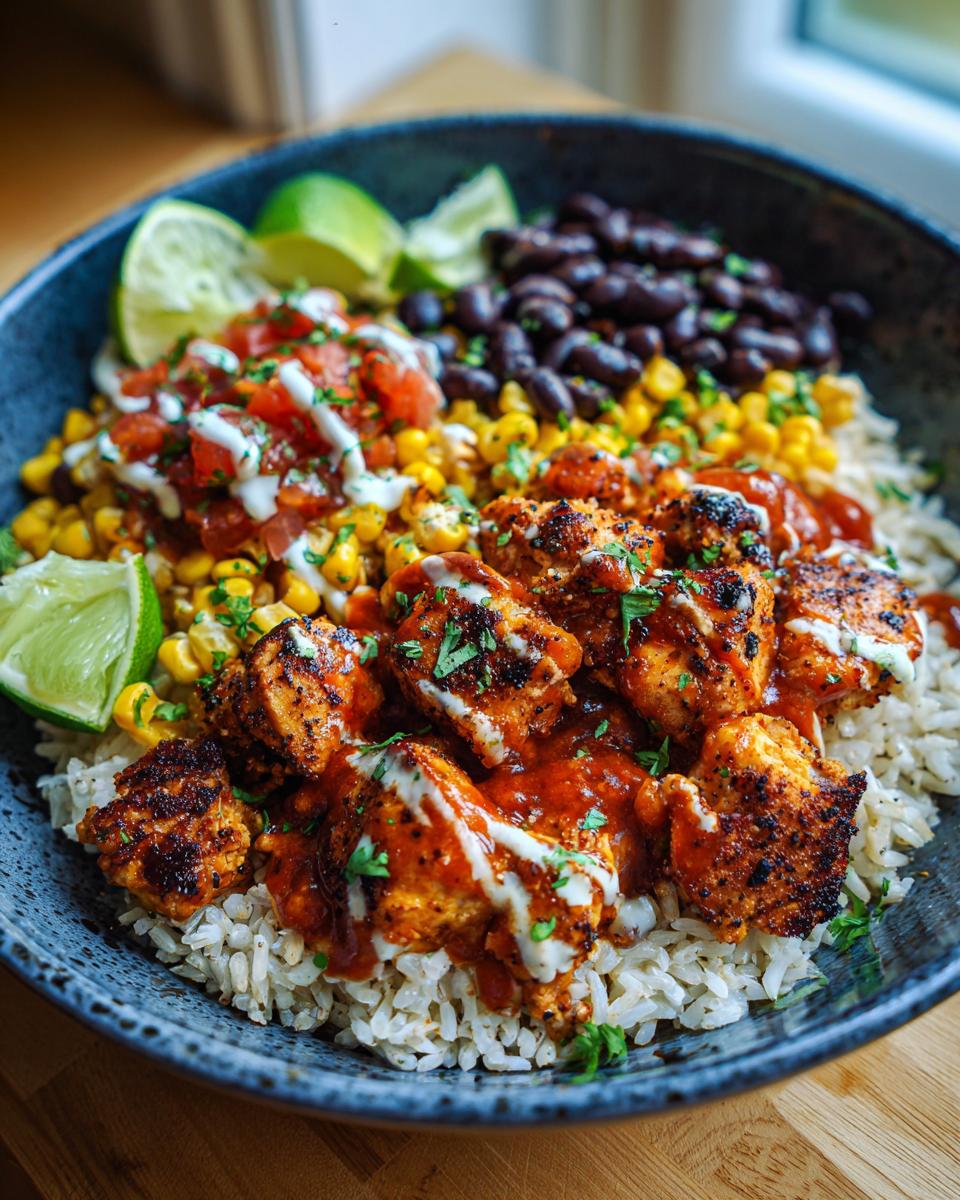 A vibrant Easy Street Corn Chicken Bowl featuring seasoned chicken, rice, corn, black beans, salsa, lime wedges, and a drizzle of sauce.