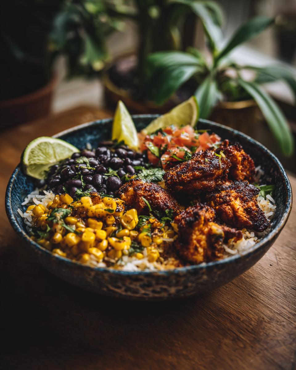 A vibrant Easy Street Corn Chicken Bowl filled with rice, black beans, corn, seasoned chicken, pico de gallo, and lime wedges.
