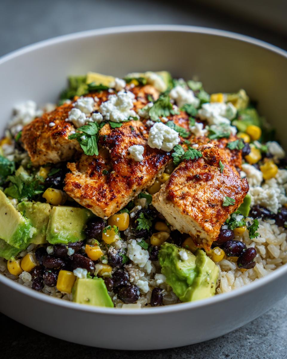Close-up of an Easy Street Corn Chicken Bowl featuring seasoned chicken, rice, black beans, corn, avocado, and crumbled cheese.