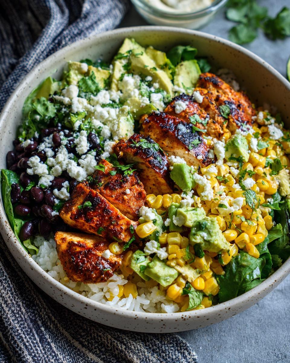 A vibrant Easy Street Corn Chicken Bowl filled with rice, grilled chicken, corn, avocado, black beans, and crumbled cheese.
