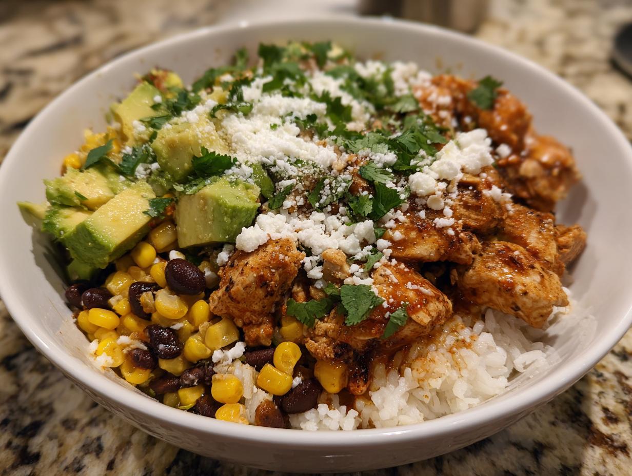A delicious Easy Street Corn Chicken Bowl filled with rice, seasoned chicken, corn, black beans, avocado, and crumbled feta cheese.