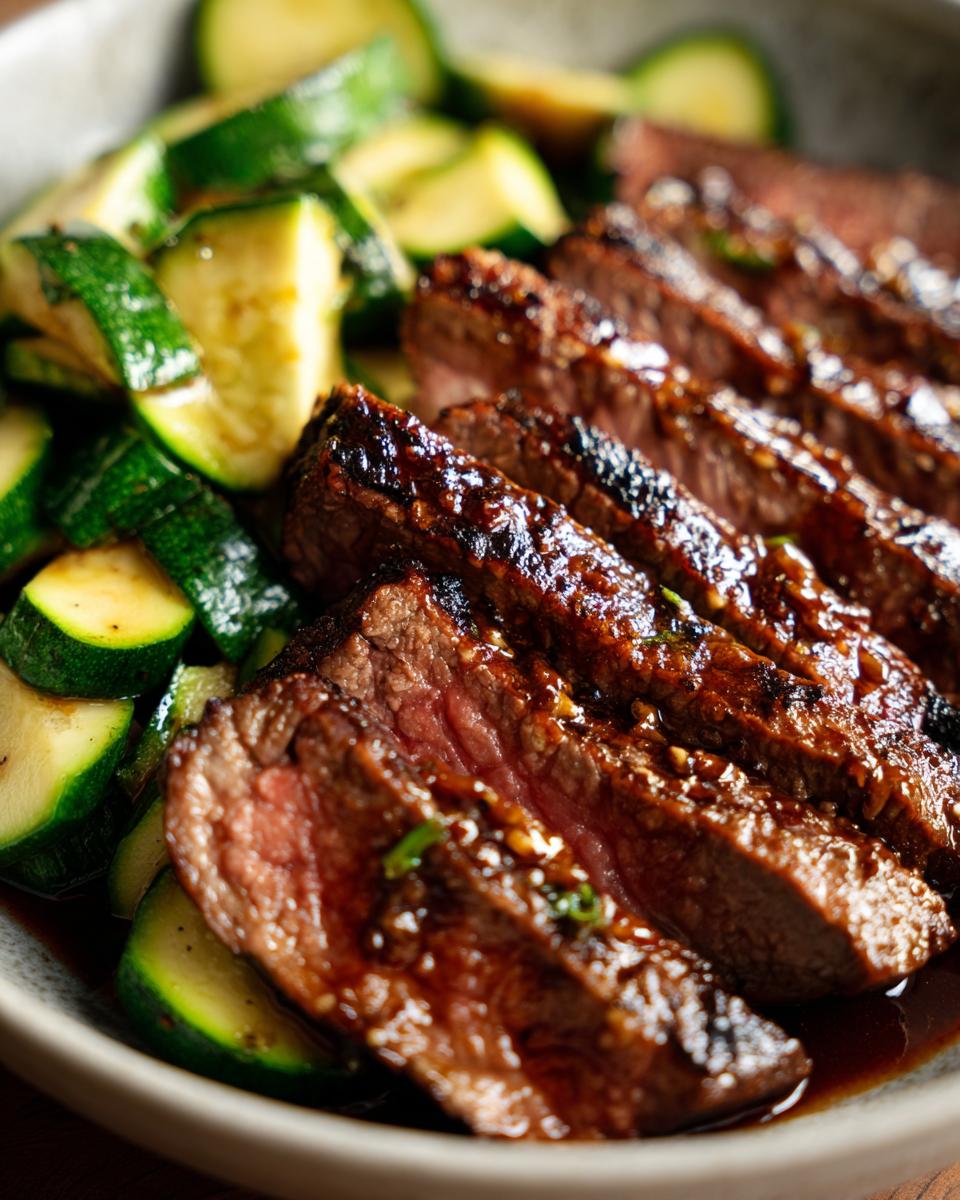 Close-up of sliced steak with a glossy garlic butter sauce next to sautéed zucchini.