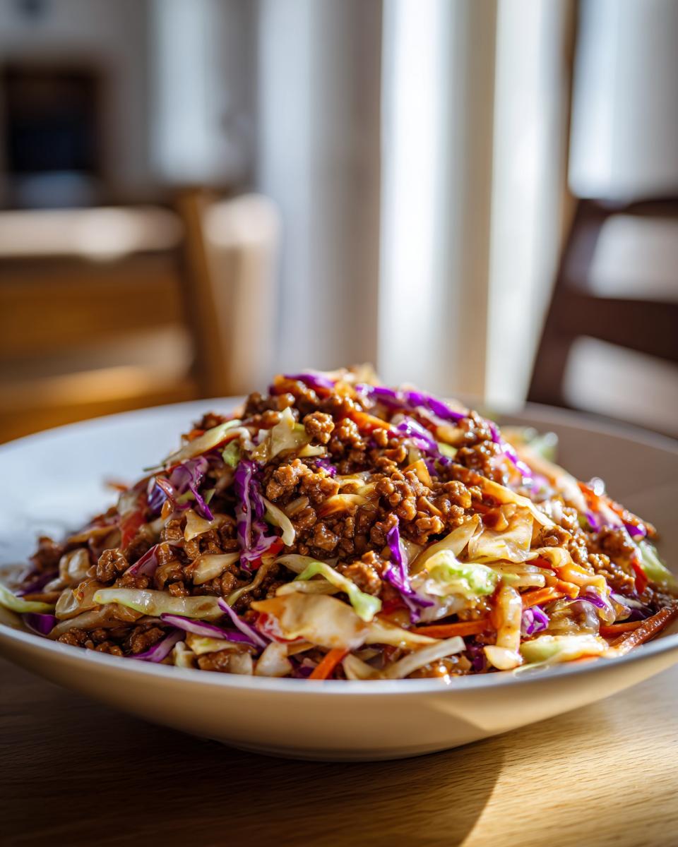 A close-up of a hearty serving of Egg Roll in a Bowl, featuring ground meat and colorful shredded cabbage.