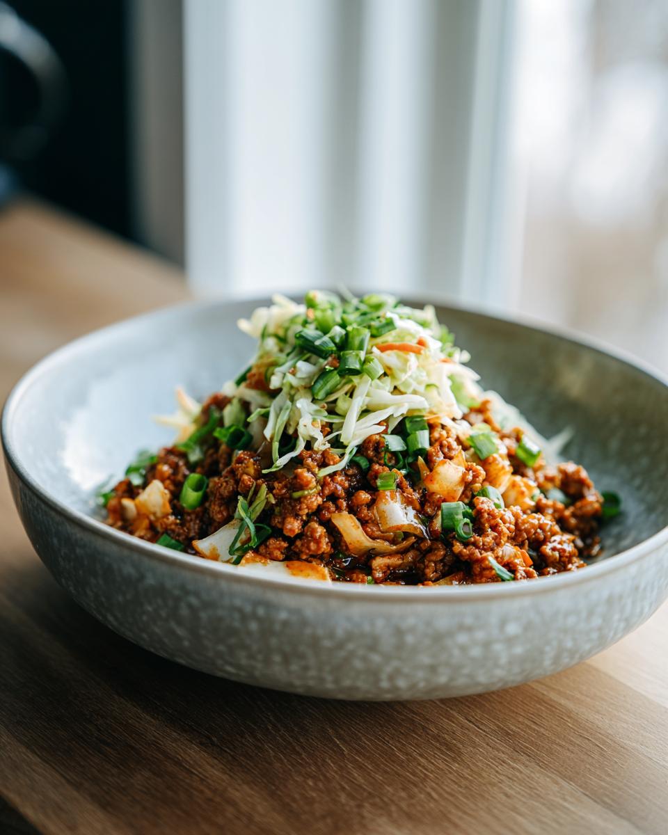A close-up of a hearty Egg Roll in a Bowl, featuring seasoned ground meat and fresh cabbage, topped with green onions.