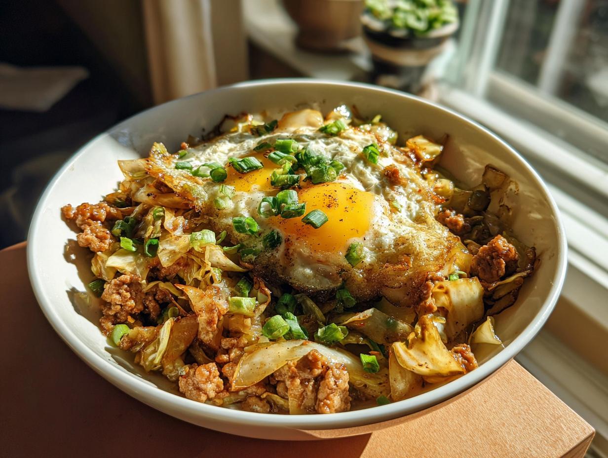A close-up of a bowl filled with Egg Roll in a Bowl, topped with two perfectly fried eggs and chopped green onions.