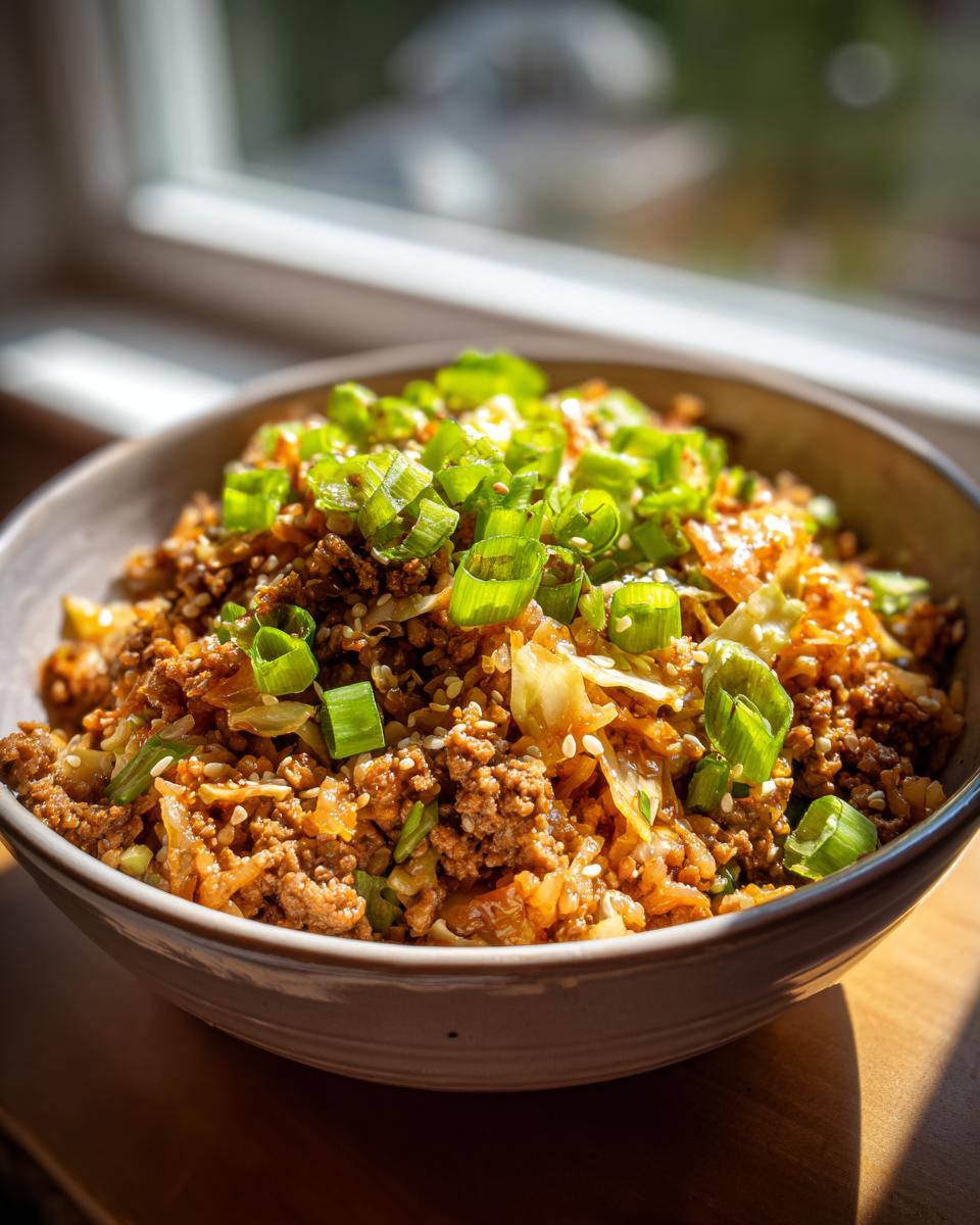 A close-up of a bowl filled with Egg Roll in a Bowl, topped with fresh green onions and sesame seeds.