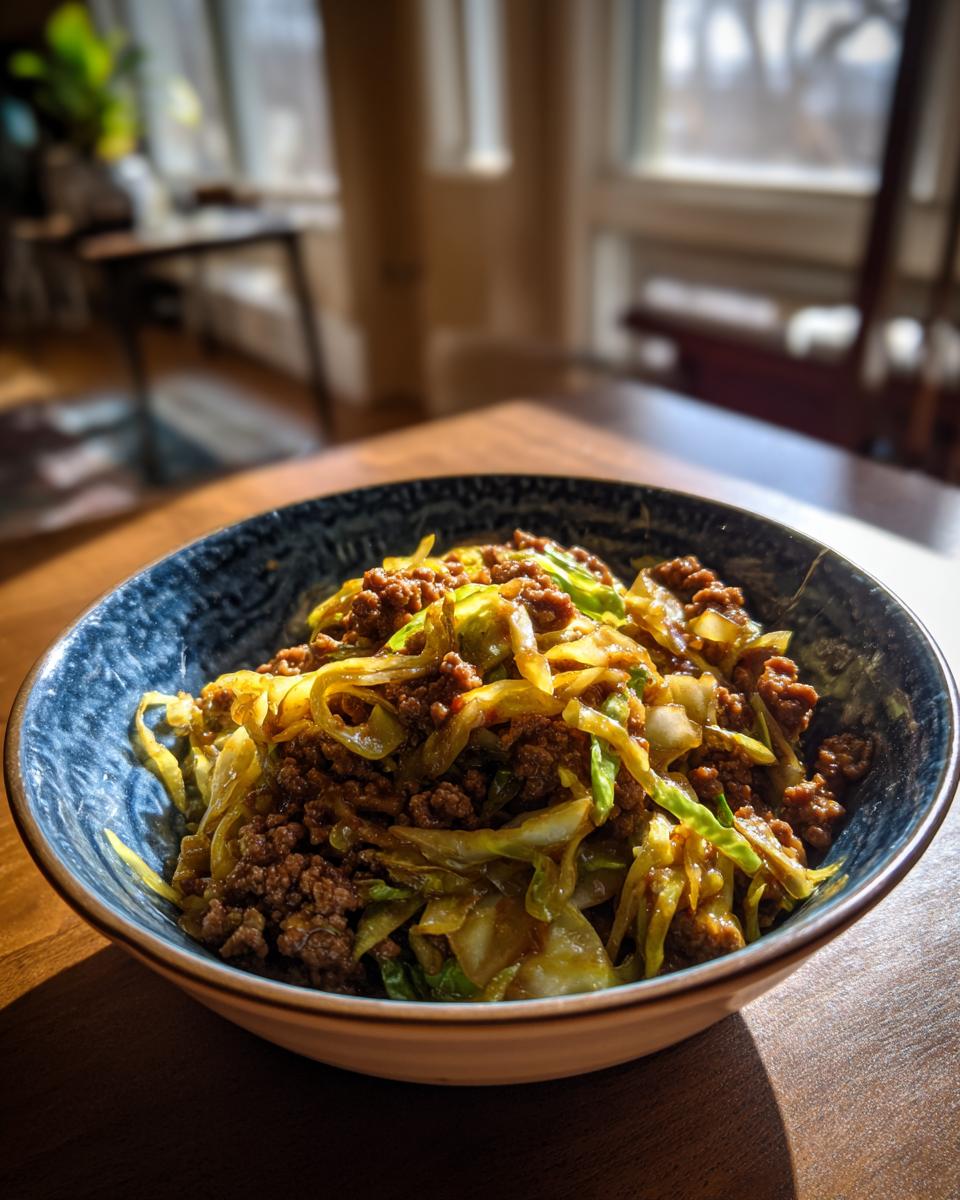 A close-up of a bowl filled with Egg Roll in a Bowl, featuring ground meat and cabbage.