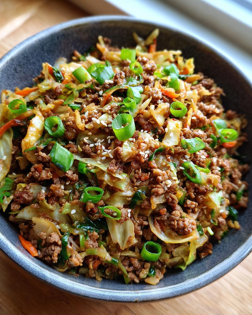 A close-up shot of a bowl filled with savory Egg Roll in a Bowl, featuring ground meat, cabbage, carrots, and green onions.