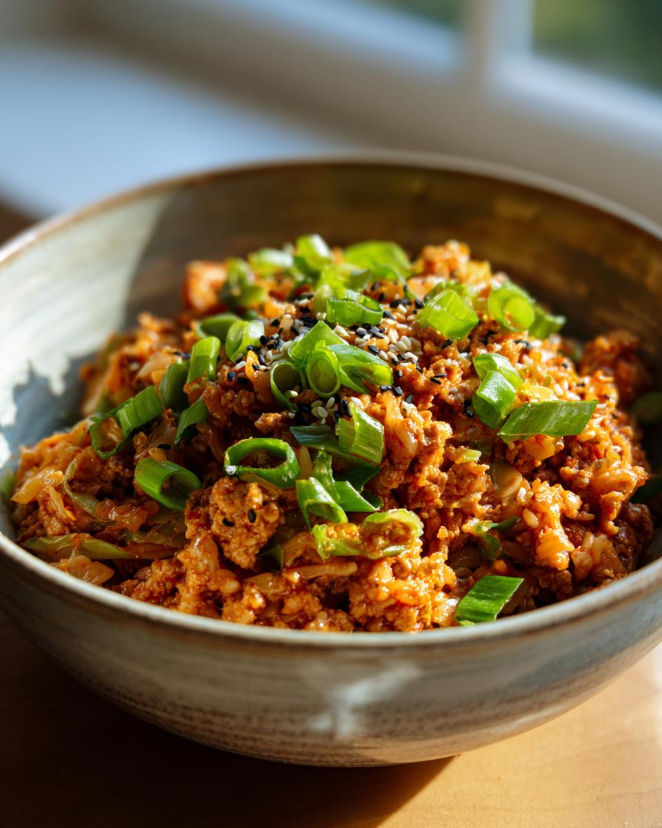 Close-up of a bowl of Egg Roll in a Bowl, topped with chopped green onions and sesame seeds.