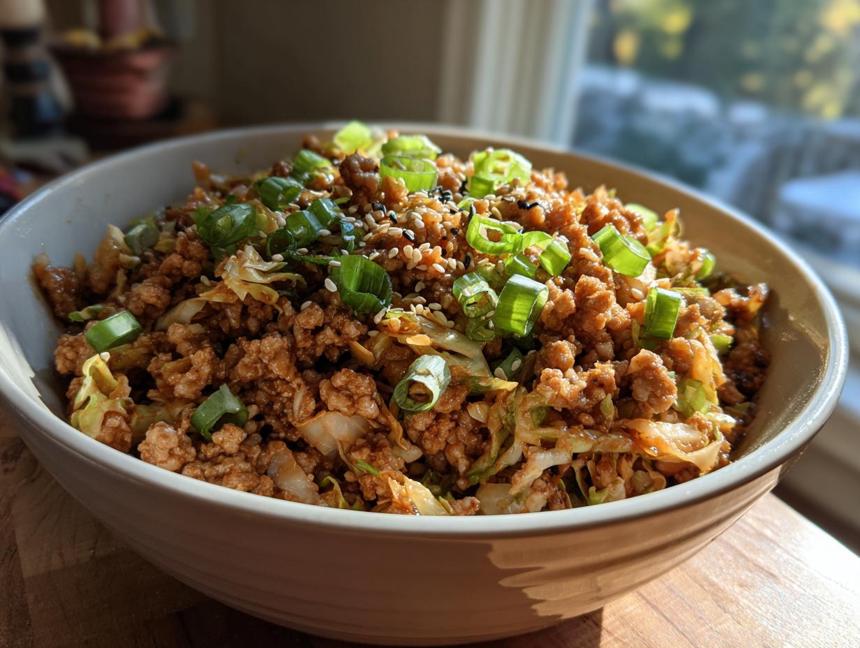 A close-up of a bowl filled with Egg Roll in a Bowl, topped with chopped scallions and sesame seeds.