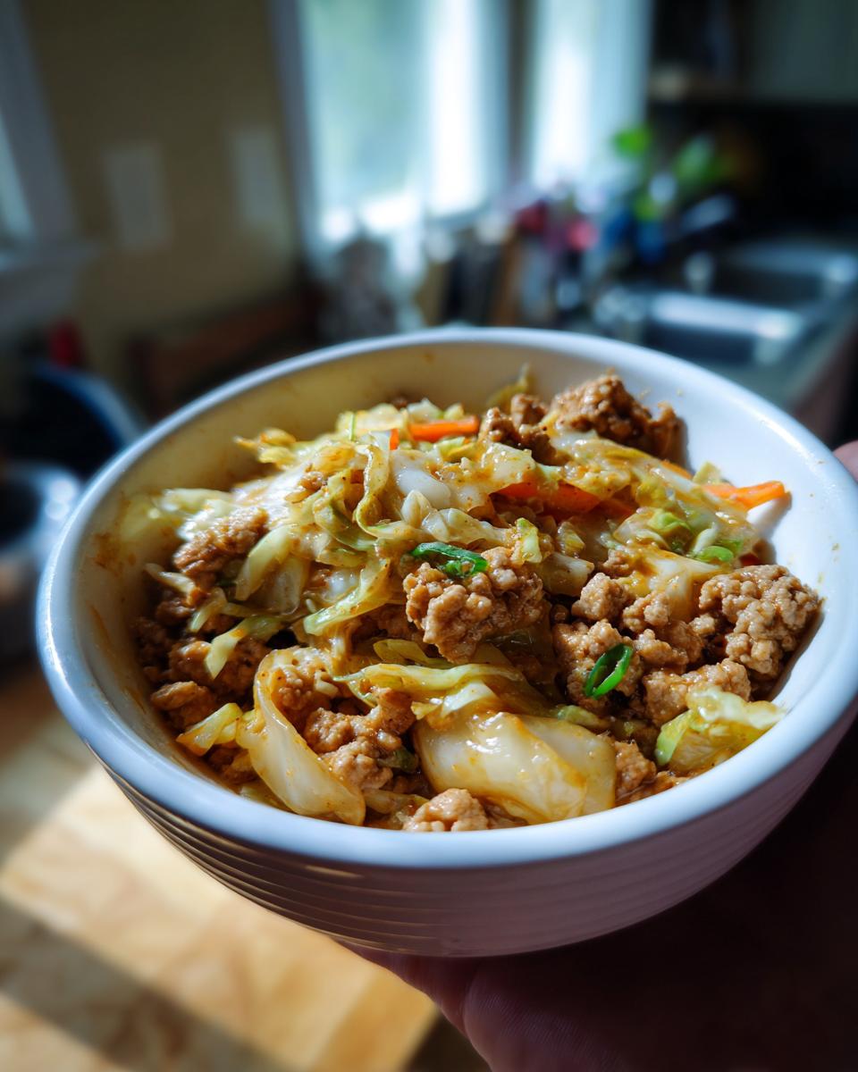 A close-up of a white bowl filled with Egg Roll in a Bowl, featuring ground meat, cabbage, and carrots.