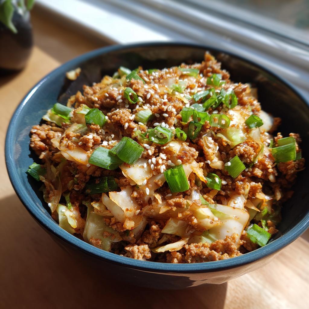 Close-up of a bowl filled with Egg Roll in a Bowl, topped with green onions and sesame seeds.