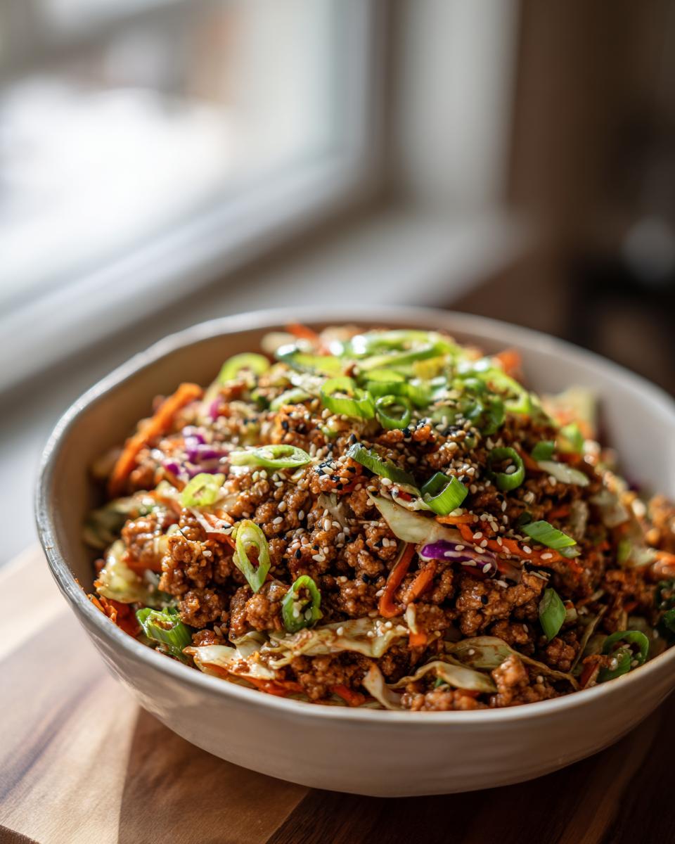 A close-up of a bowl filled with Egg Roll in a Bowl, topped with green onions and sesame seeds.