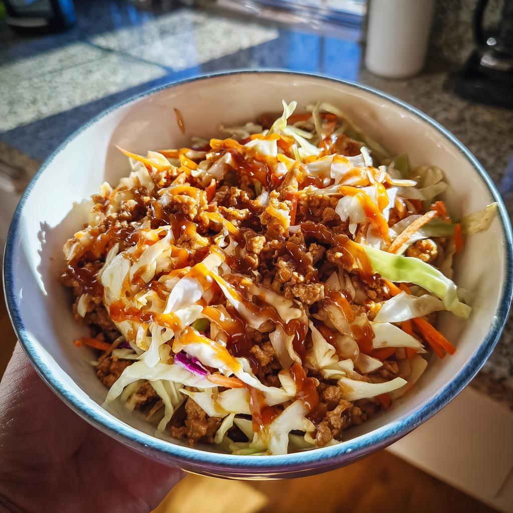 A close-up of a bowl filled with Egg Roll in a Bowl, featuring ground meat, shredded cabbage, carrots, and a savory sauce drizzle.