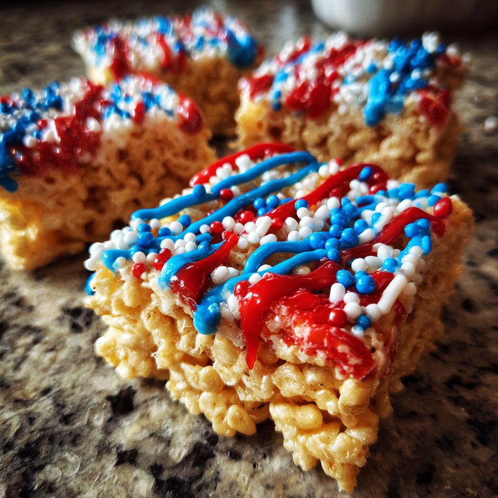 Close-up of festive Fourth of July desserts: Firecracker Rice Krispie Treats decorated with red, white, and blue icing and sprinkles.