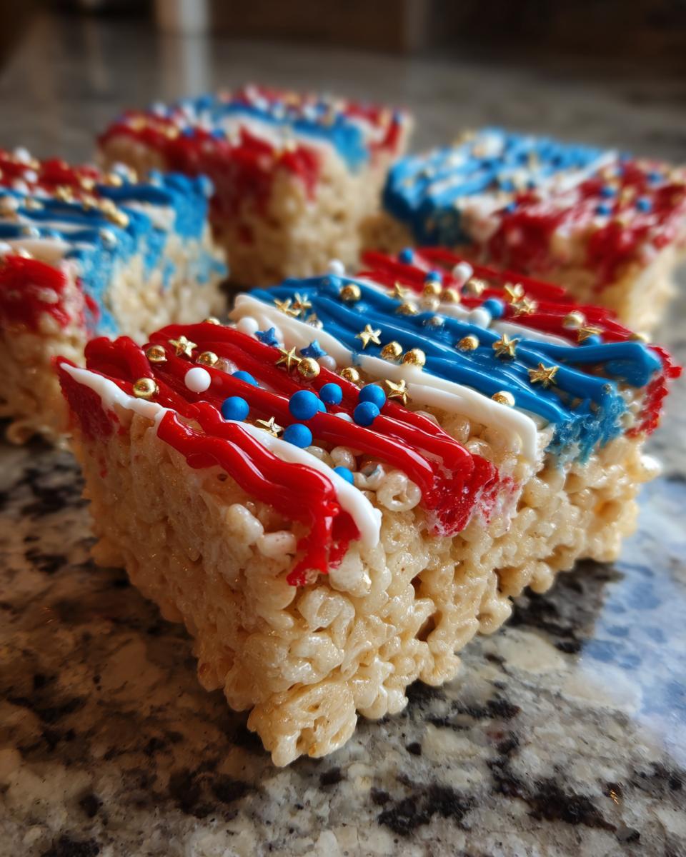 Close-up of festive Fourth of July Desserts: Firecracker Rice Krispie Treats decorated with red, white, and blue icing and sprinkles.