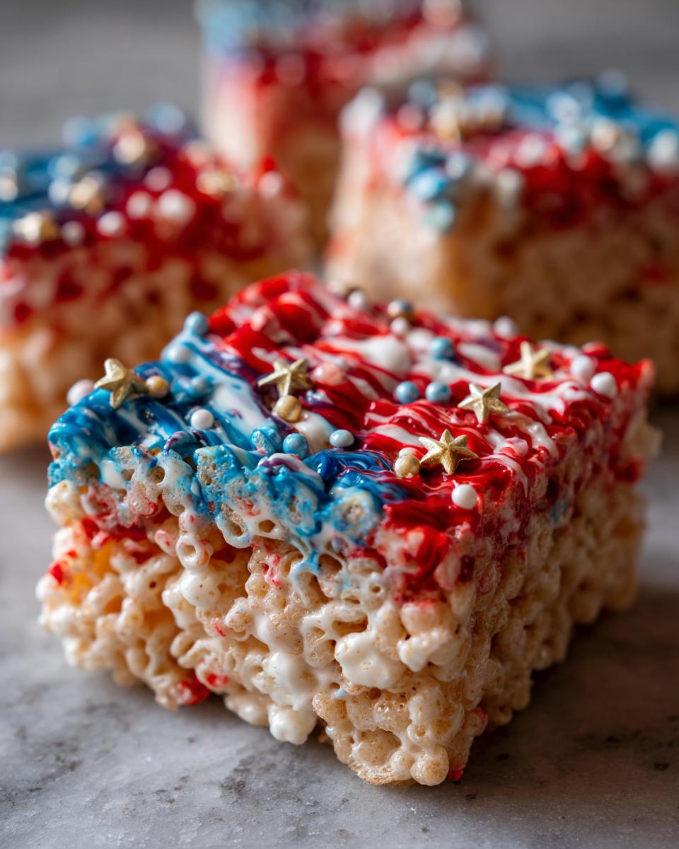 Close-up of a festive Firecracker Rice Krispie Treat decorated with red, white, and blue icing and star sprinkles.