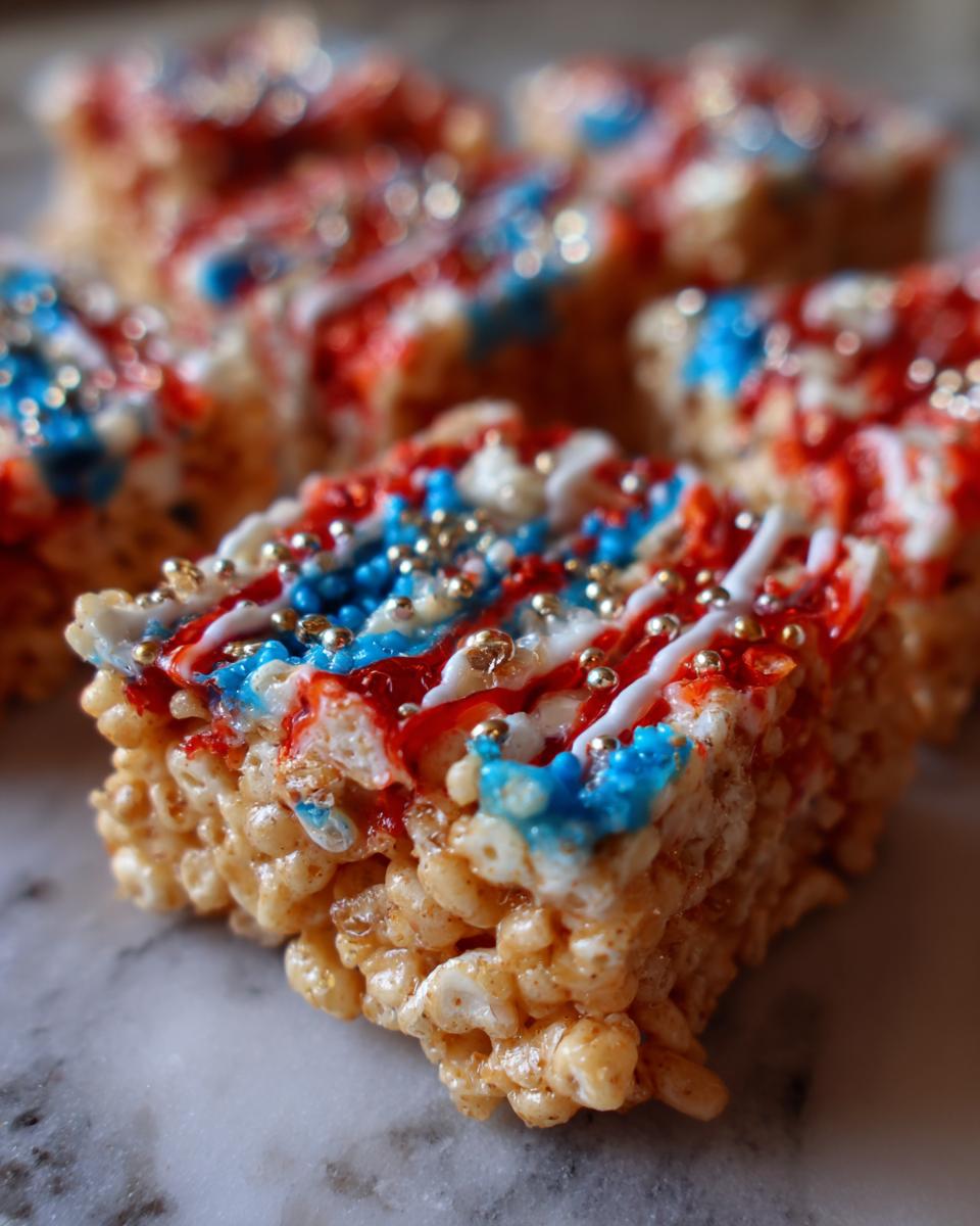 Close-up of a Firecracker Rice Krispie Treat decorated with red, white, and blue icing and gold sprinkles.