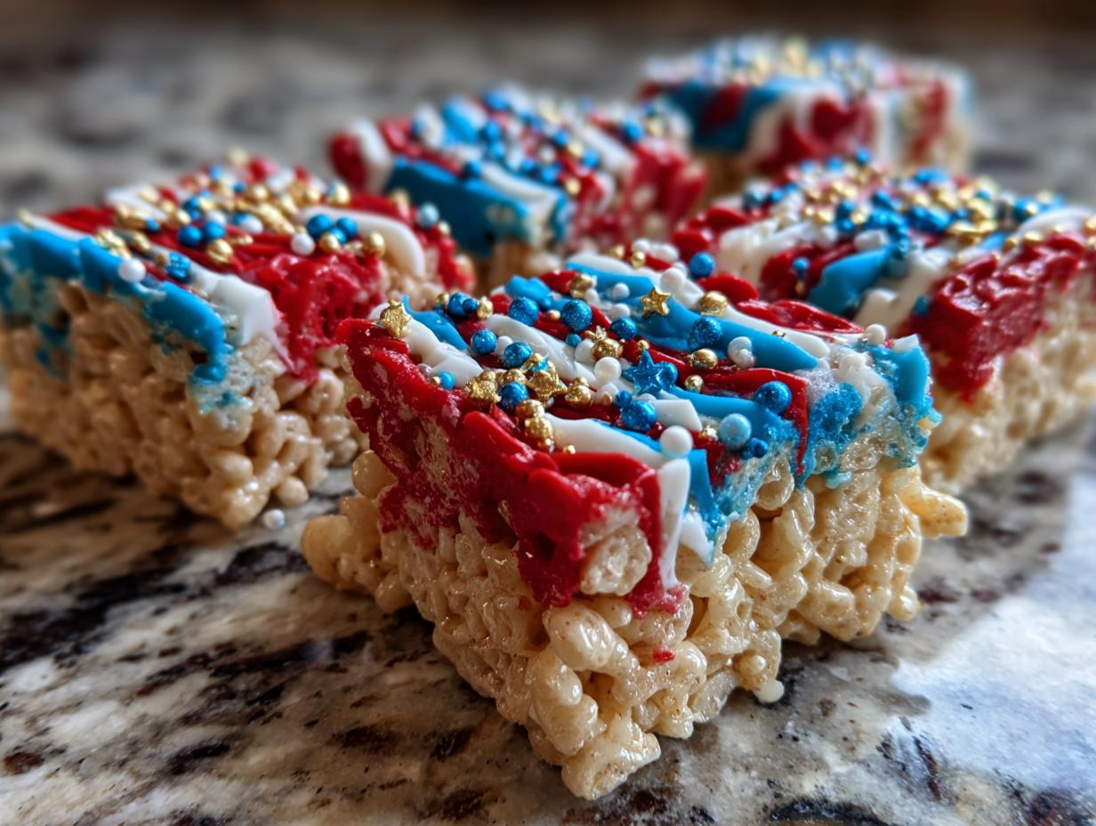 Close-up of festive Firecracker Rice Krispie Treats decorated with red, white, and blue icing and gold sprinkles.