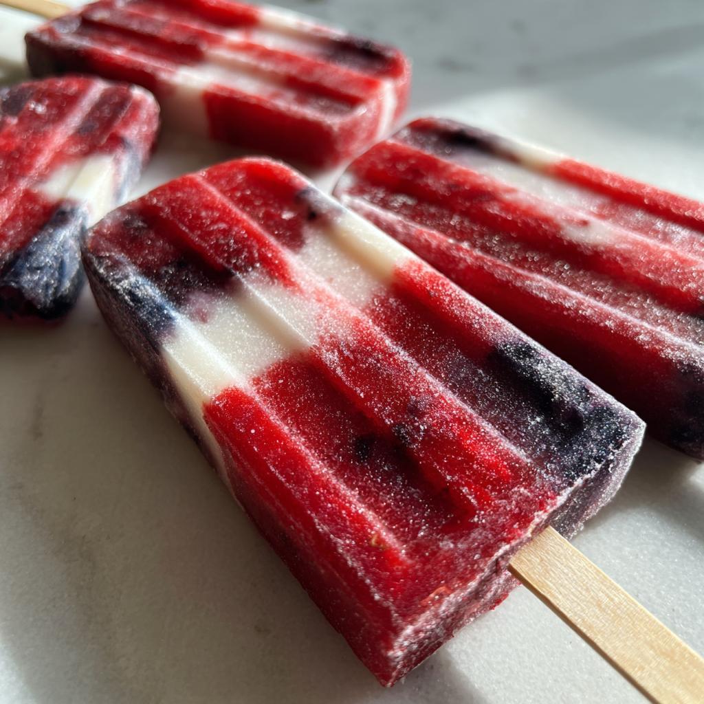 Close-up of red, white, and blue berry popsicles, perfect for Fourth of July desserts.