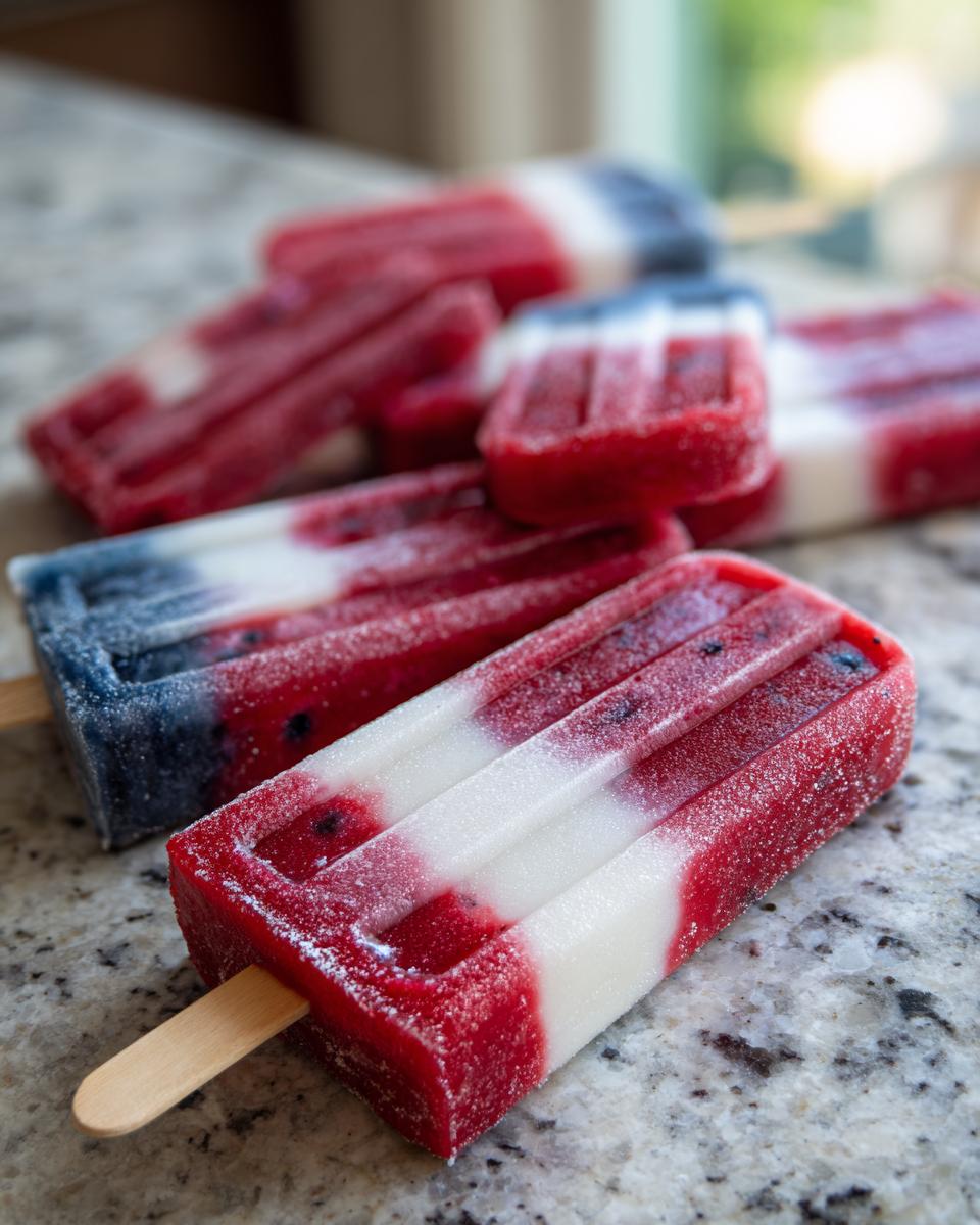 Close-up of red, white, and blue berry popsicles, perfect for Fourth of July desserts.