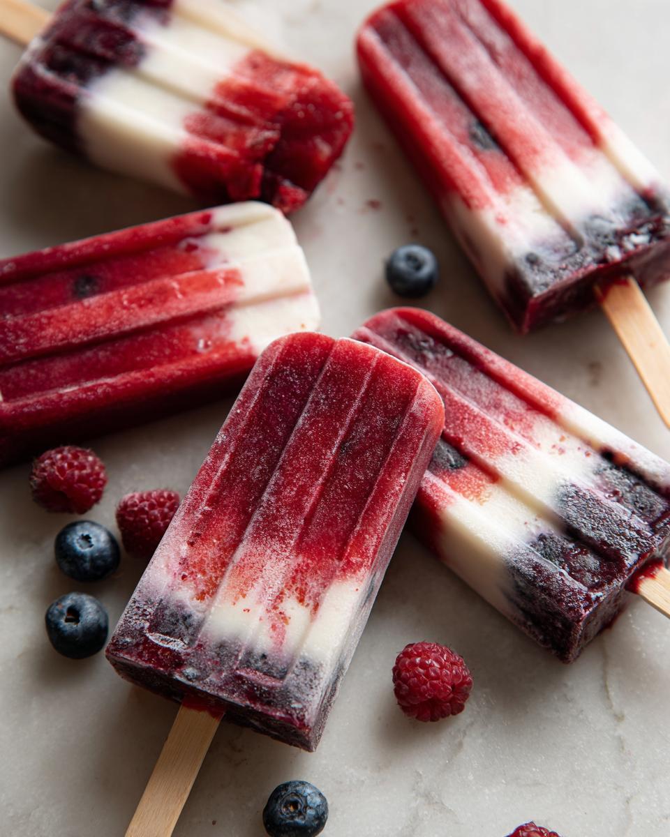 A close-up of red, white, and blue berry popsicles, perfect for Fourth of July desserts, with fresh berries scattered around.