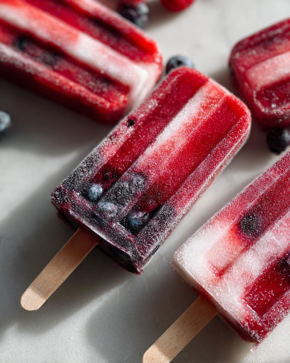 Close-up of red, white, and blue berry popsicles with blueberries and raspberries, perfect for Fourth of July desserts.