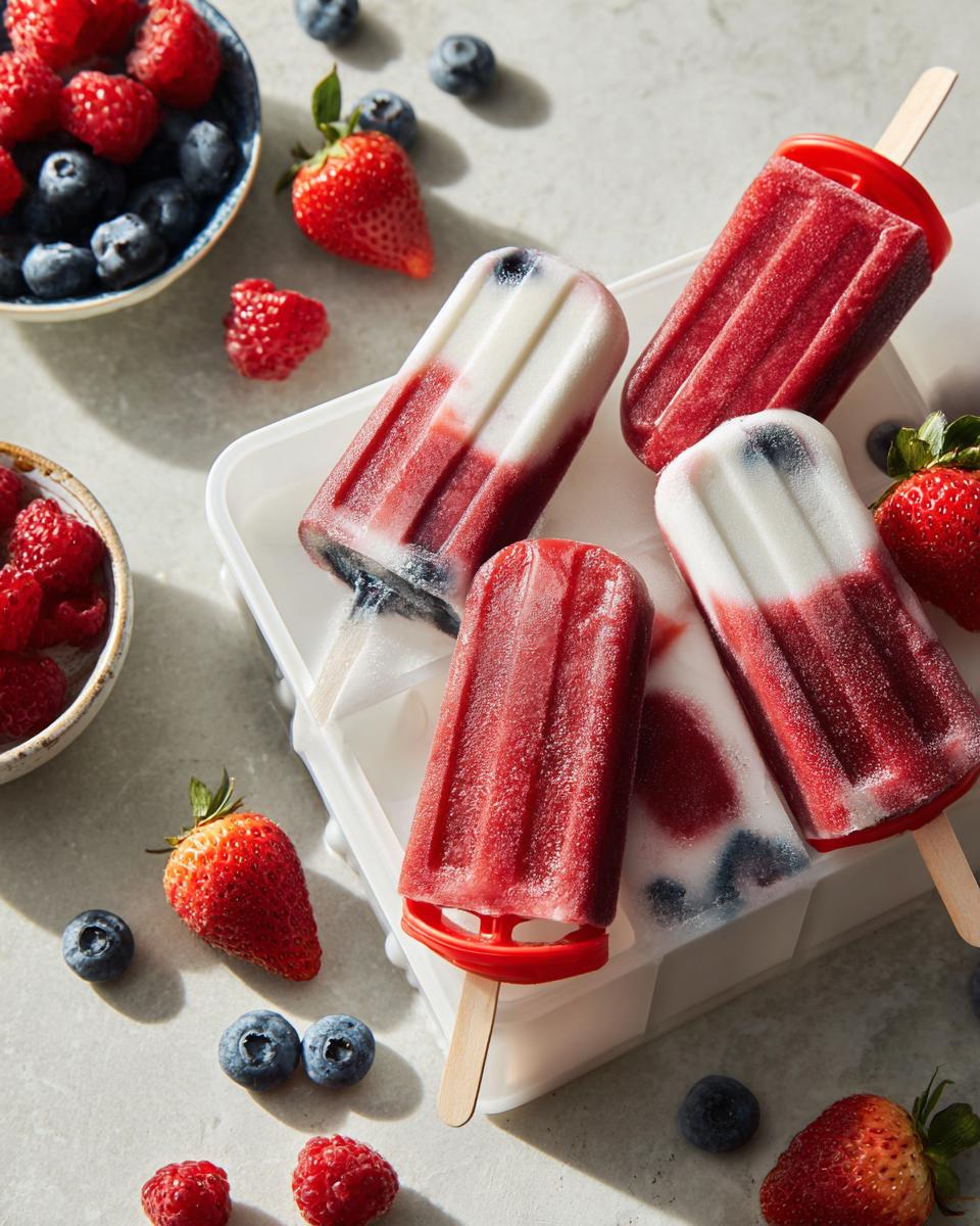 Close-up of berry popsicles with layers of red, white, and blue, surrounded by fresh strawberries, blueberries, and raspberries.