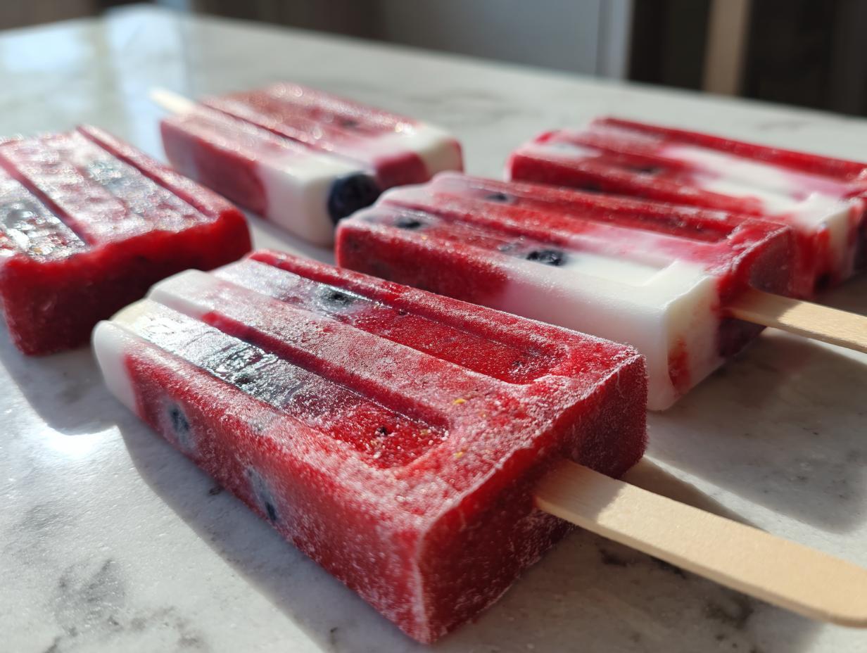 Close-up of red, white, and blue berry popsicles with blueberries, perfect for Fourth of July desserts.