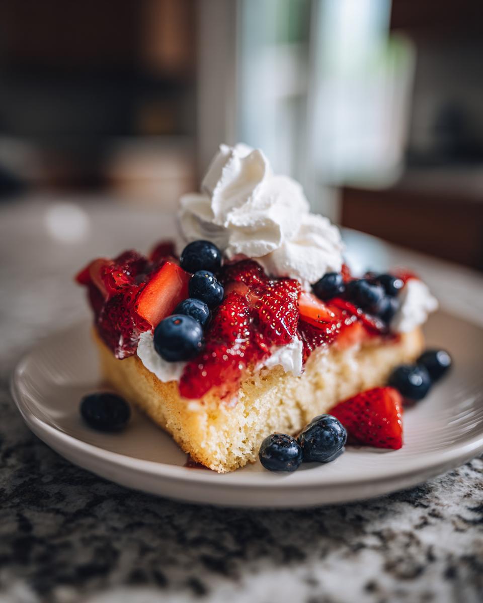 A slice of pound cake topped with strawberries, blueberries, and whipped cream, perfect for Fourth of July desserts.