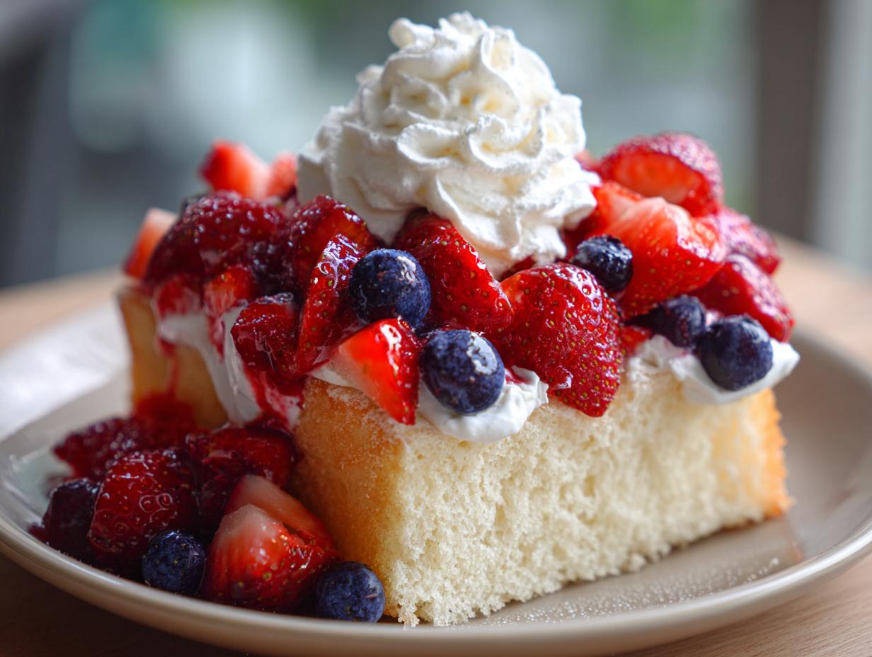 A slice of pound cake transformed into a Fourth of July Berry Shortcake with strawberries, blueberries, and whipped cream.
