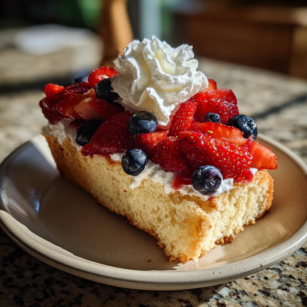 A slice of pound cake topped with whipped cream, strawberries, and blueberries, perfect for Fourth of July desserts.
