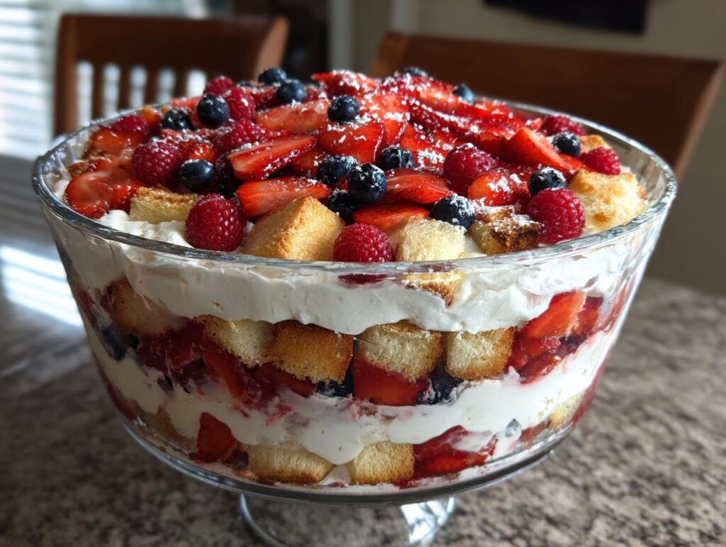 A festive Fourth of July dessert featuring a berry trifle with layers of cake, cream, strawberries, blueberries, and raspberries.