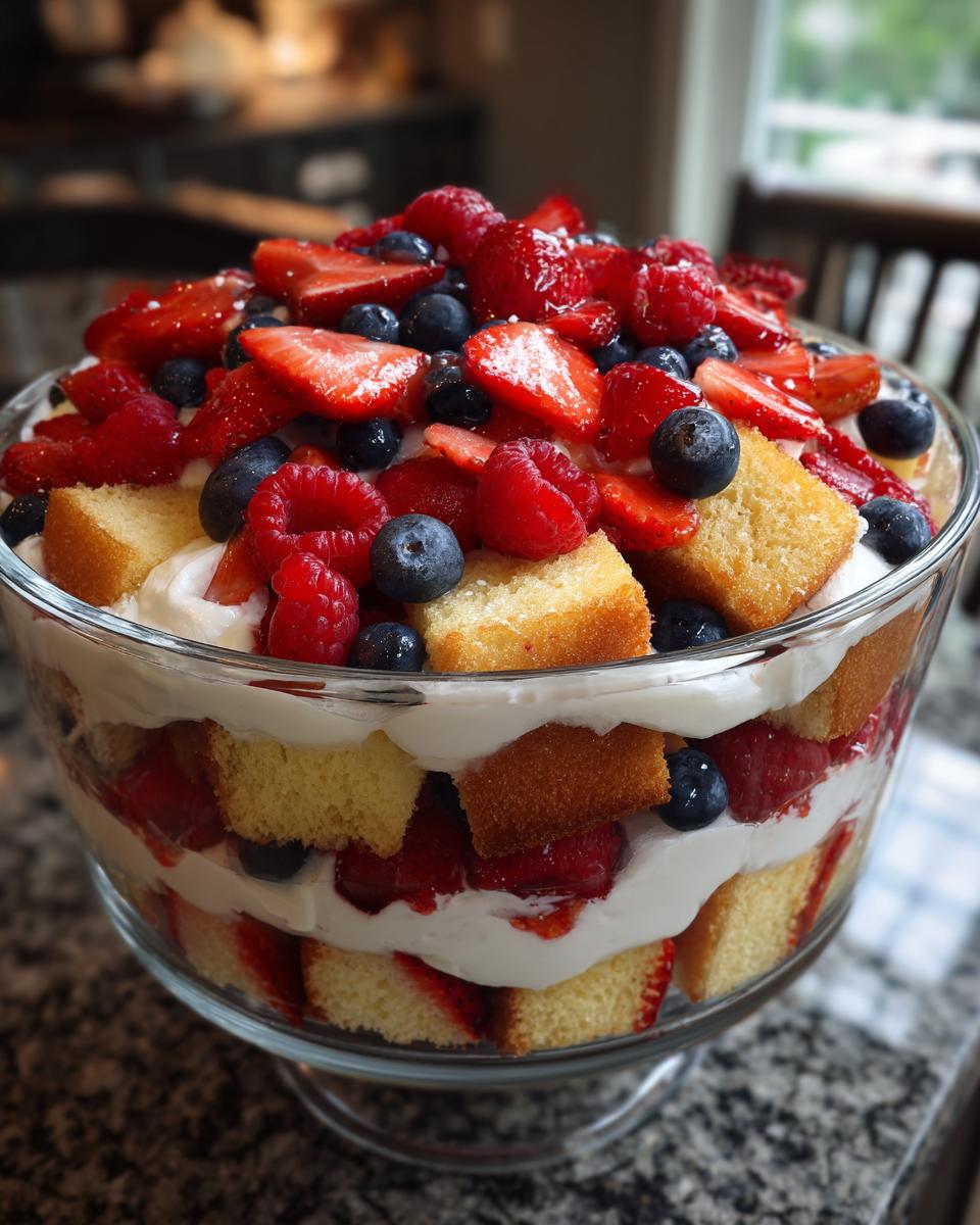 A beautiful Fourth of July dessert: a berry trifle with layers of cake, cream, strawberries, raspberries, and blueberries.