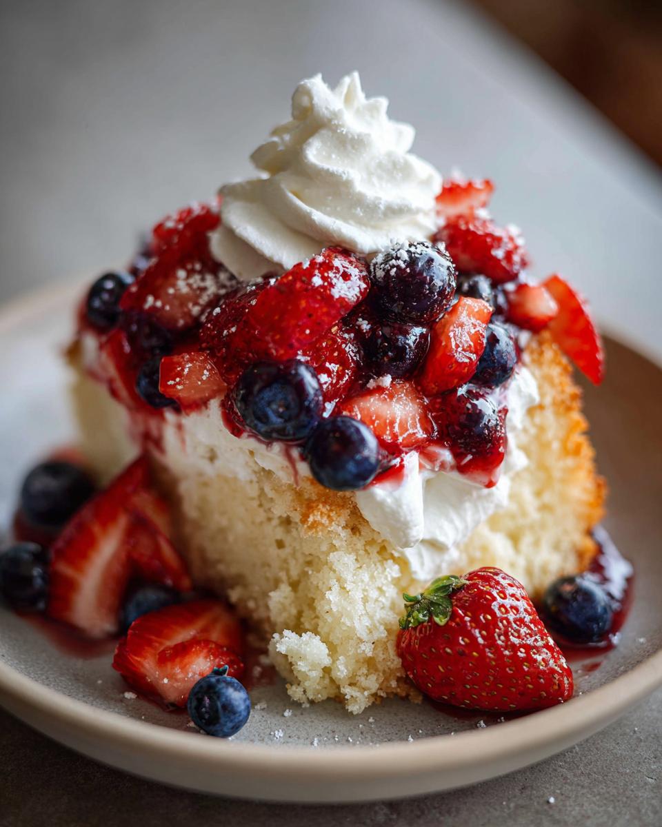 A delicious slice of pound cake transformed into a berry shortcake with fresh strawberries, blueberries, and whipped cream.