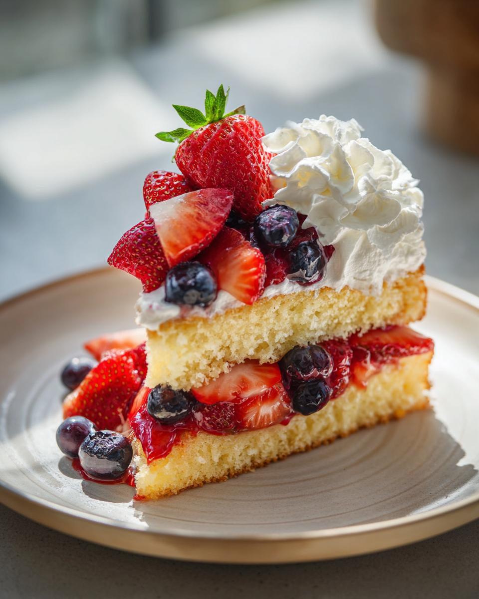 A delicious slice of berry shortcake, featuring layers of pound cake, fresh strawberries, blueberries, and whipped cream, perfect for Fourth of July desserts.