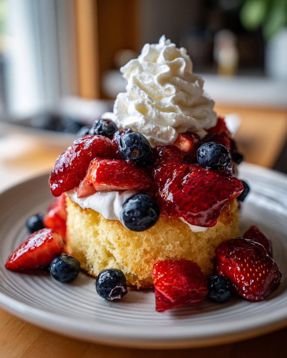 A slice of pound cake topped with whipped cream, strawberries, and blueberries, perfect for Fourth of July desserts.