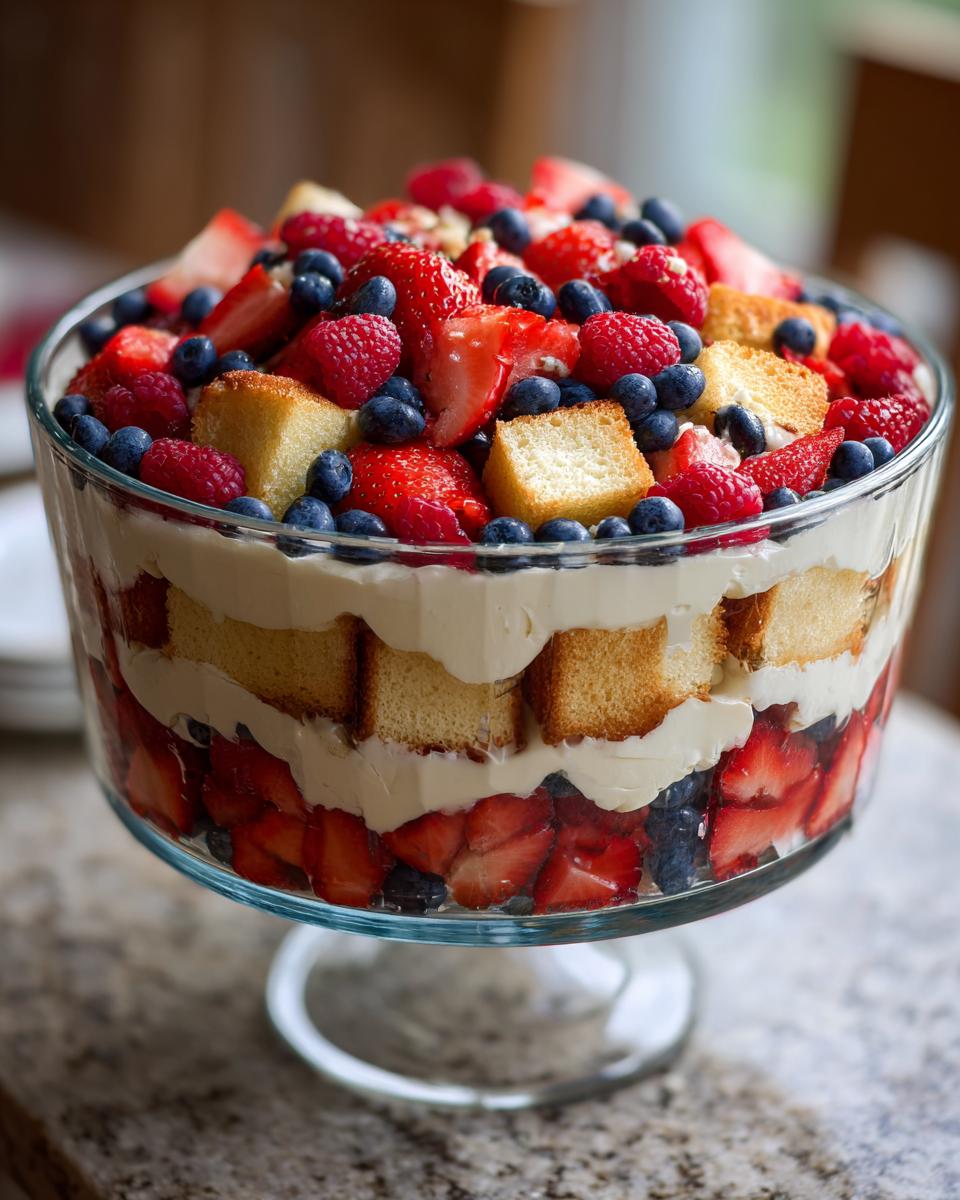 A festive Fourth of July dessert featuring a berry trifle with patriotic layers of strawberries, blueberries, cake, and cream.