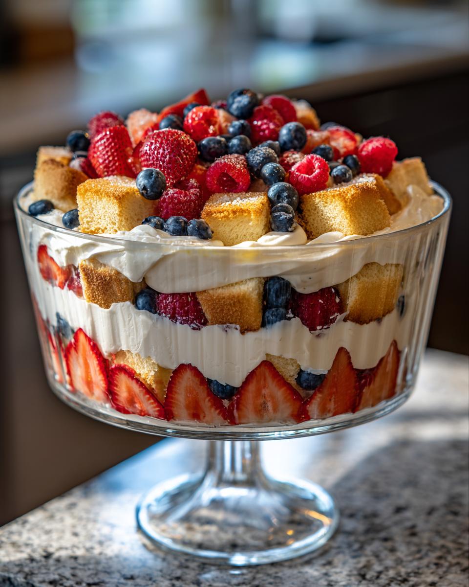 A beautiful Fourth of July dessert with a berry trifle in patriotic red, white, and blue layers.