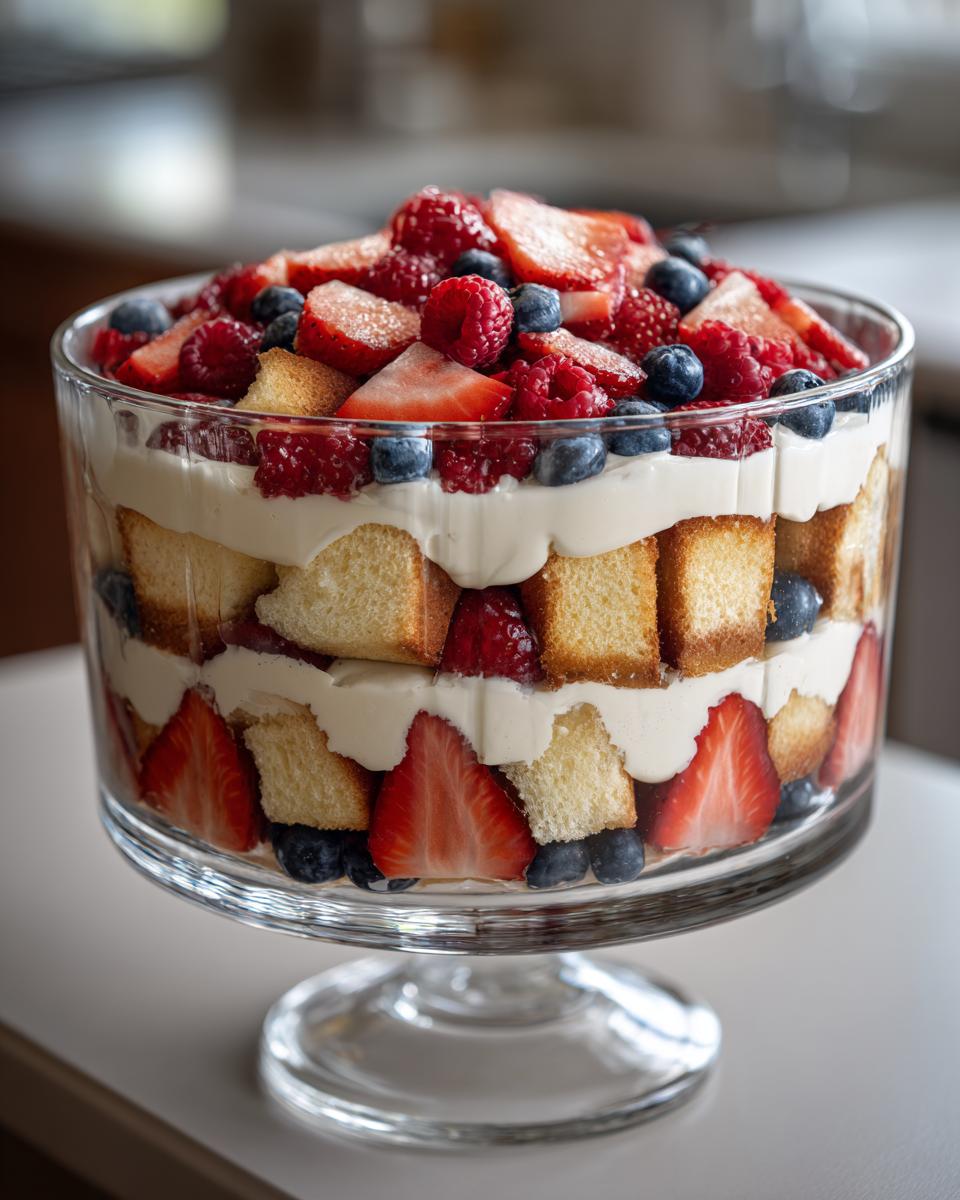 A festive Fourth of July dessert featuring a berry trifle with layers of cake, cream, strawberries, blueberries, and raspberries.