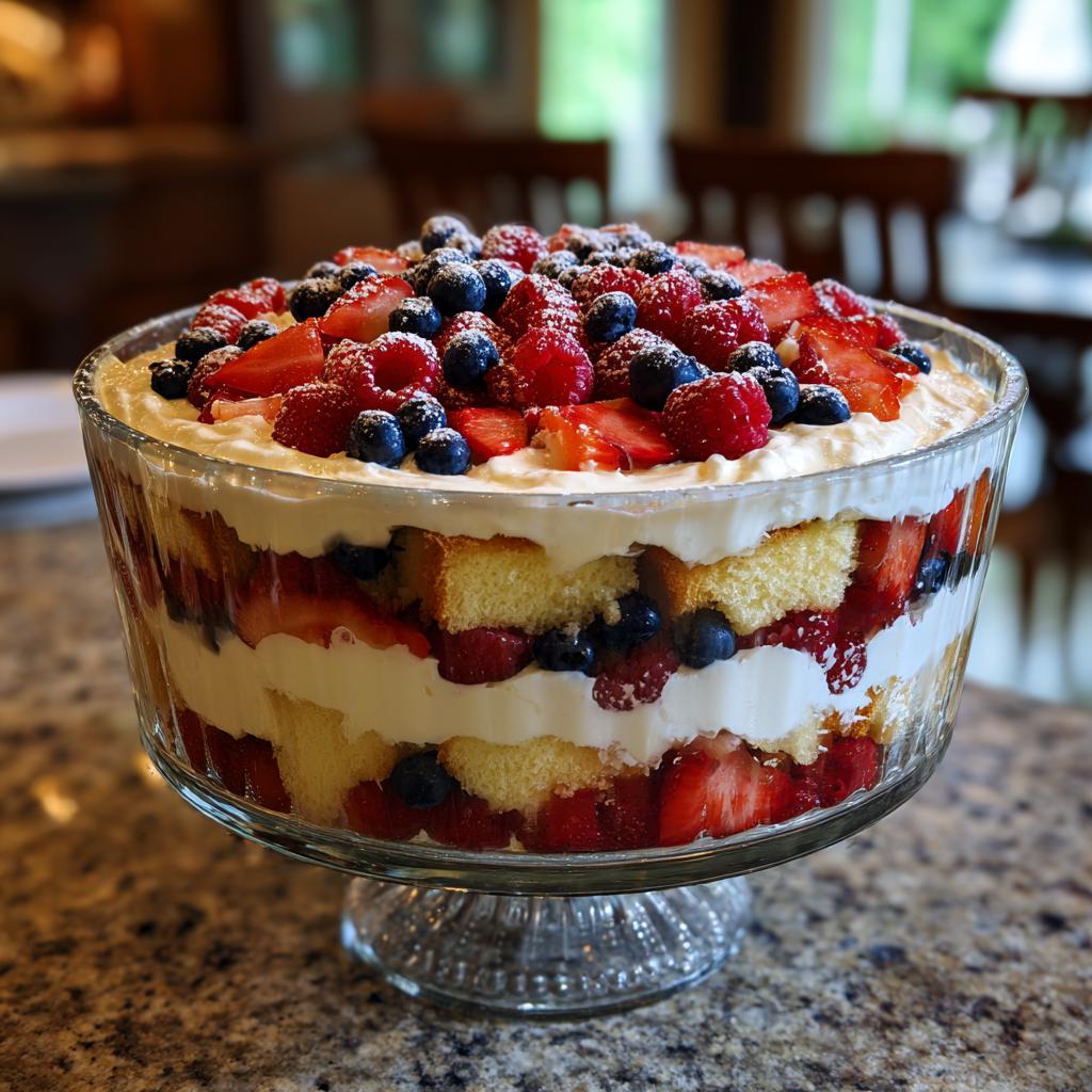 A beautiful Fourth of July dessert: Berry Trifle with layers of cake, cream, strawberries, raspberries, and blueberries.