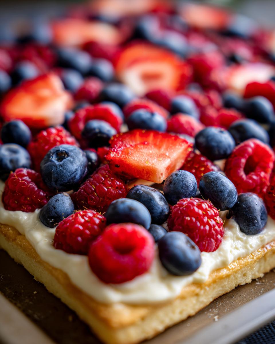 Close-up of a Fourth of July dessert: a flag fruit pizza on a cookie crust with cream cheese frosting and fresh berries.