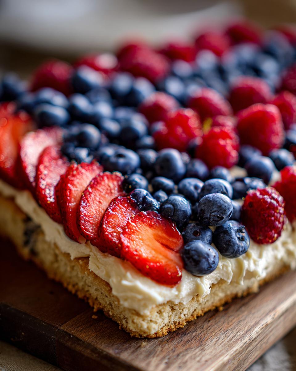 Close-up of a Fourth of July dessert: a flag fruit pizza on a cookie crust with strawberries, blueberries, and raspberries.