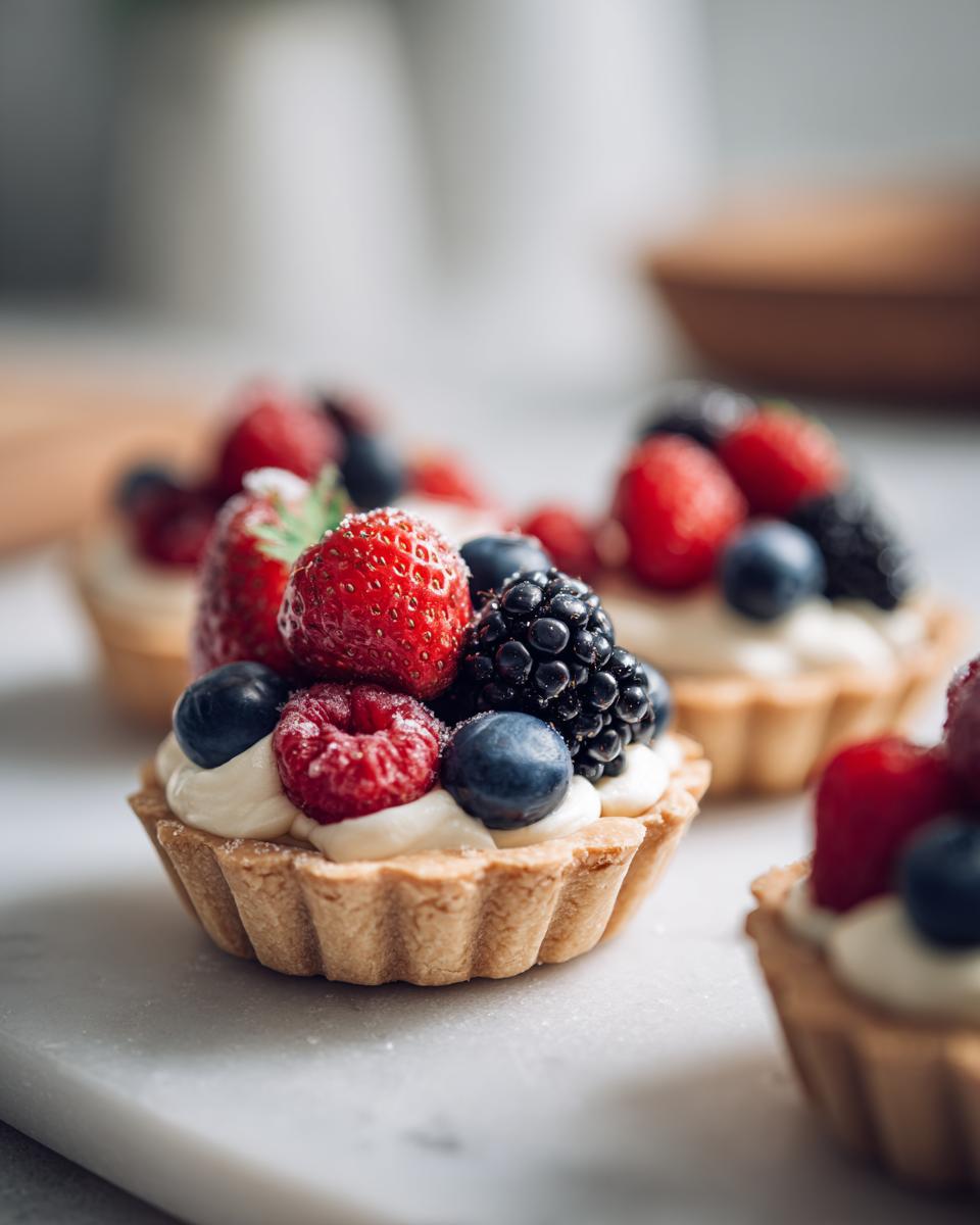 Close-up of Fourth of July desserts: mini tartlets filled with cream and topped with fresh strawberries, raspberries, blueberries, and blackberries.
