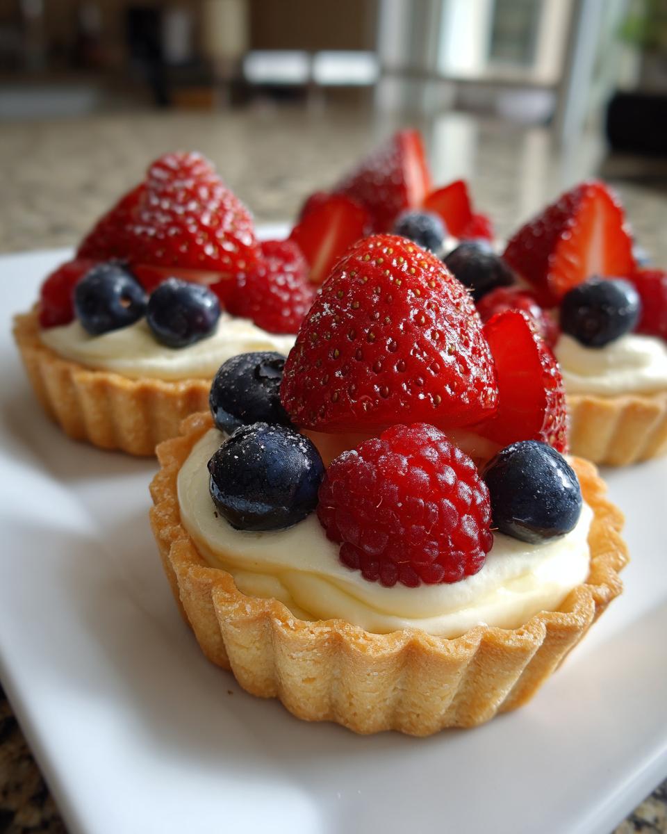 Close-up of Fourth of July desserts: mini tartlets filled with cream and topped with fresh strawberries, blueberries, and raspberries.