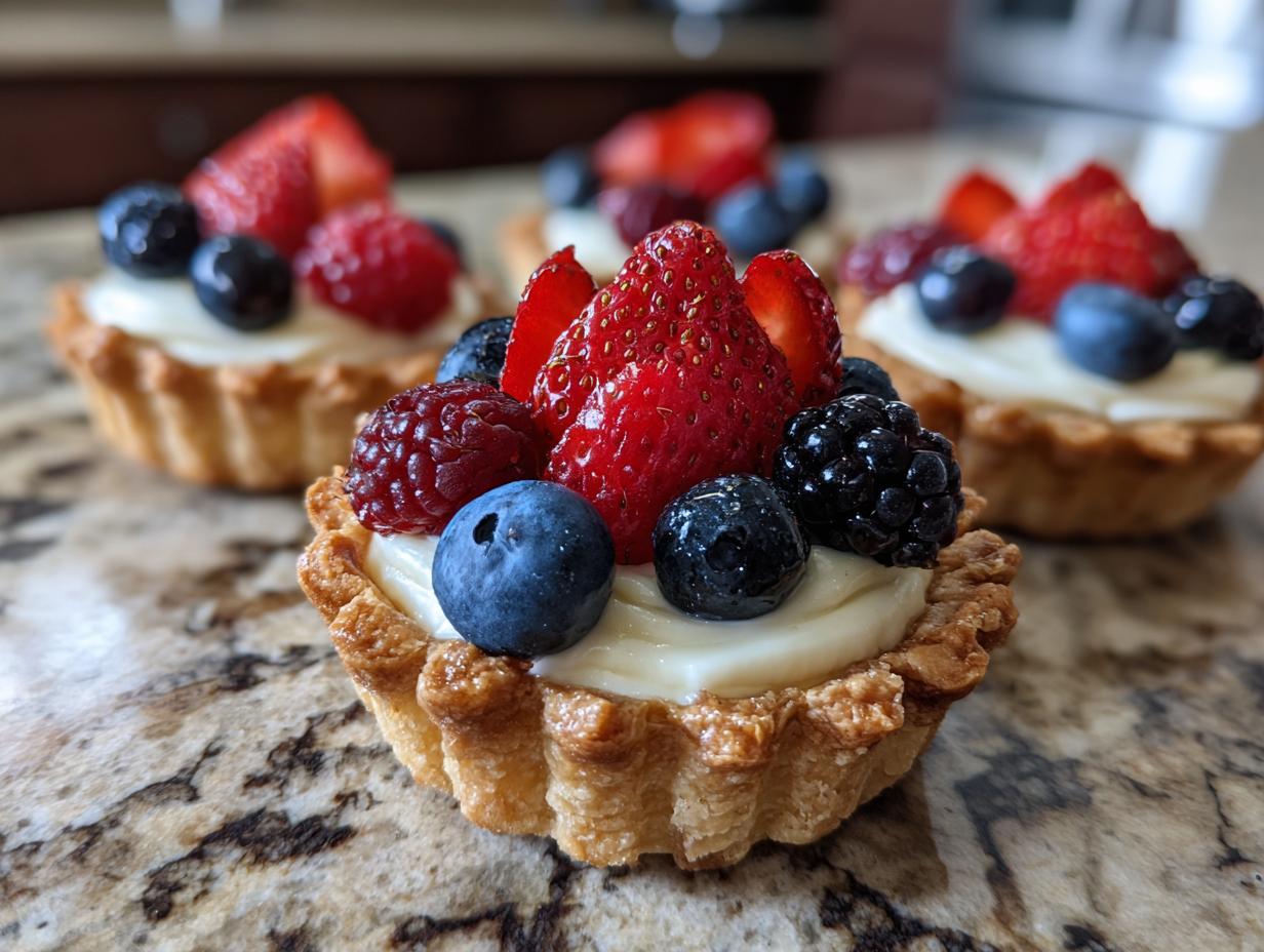 Close-up of Fourth of July desserts: mini tartlets filled with cream and topped with fresh strawberries, blueberries, and raspberries.
