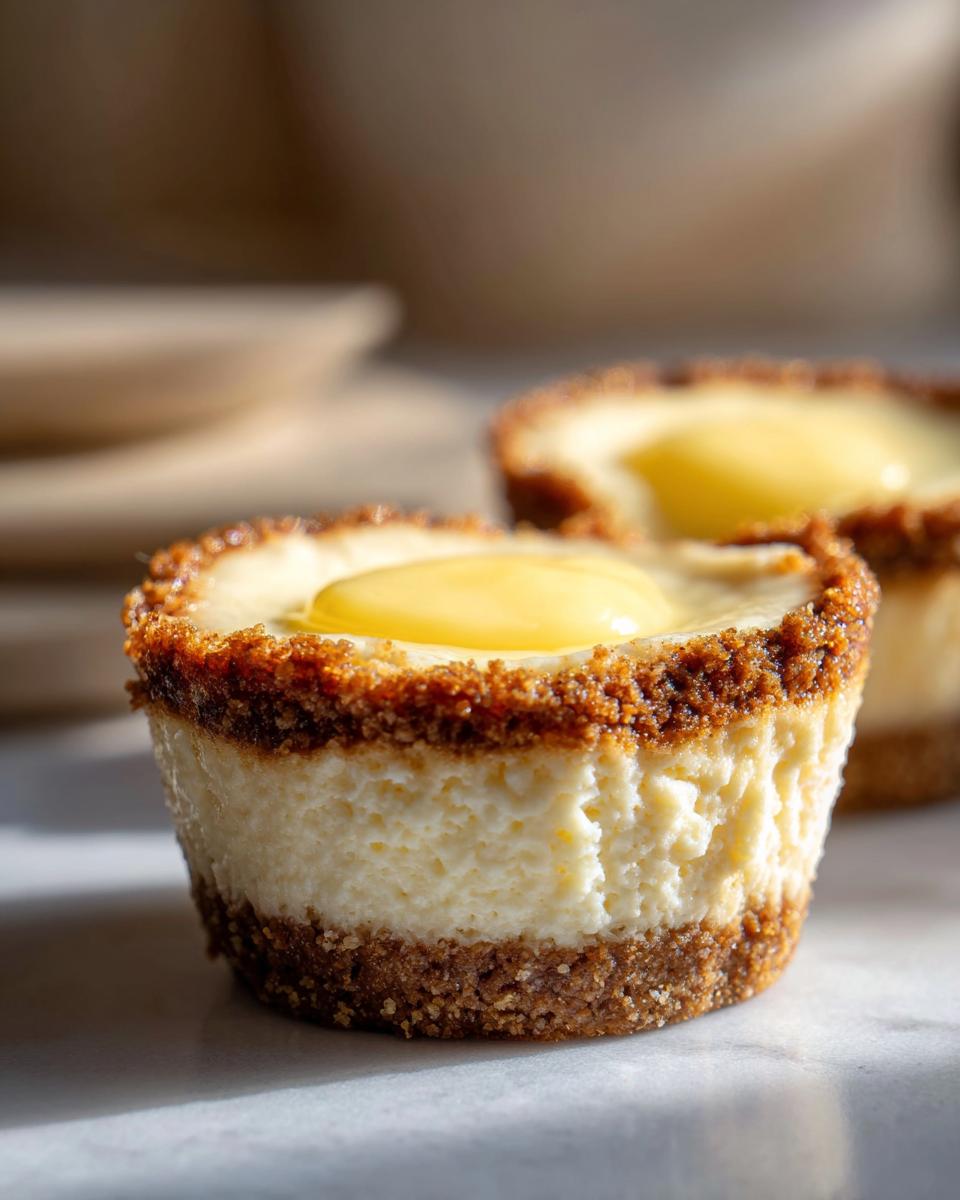 Close-up of two no bake cheesecake cups with a graham cracker crust and a bright yellow topping, perfect for Fourth of July parties.