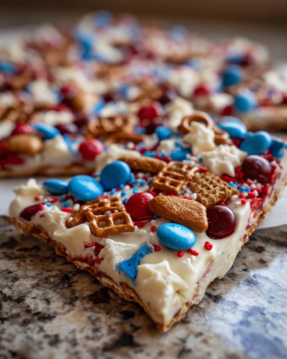 A slice of Fourth of July Desserts: Patriotic Snack Mix Bark, topped with red, white, and blue candies, pretzels, and sprinkles.
