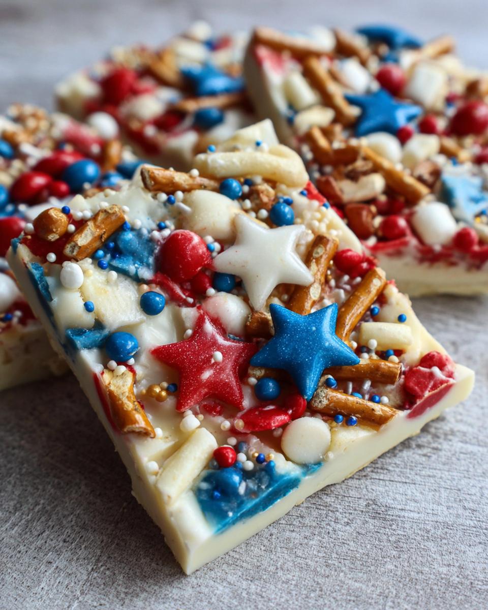 Close-up of a slice of Fourth of July Desserts: Patriotic Snack Mix Bark, featuring red, white, and blue sprinkles, pretzels, and star candies.