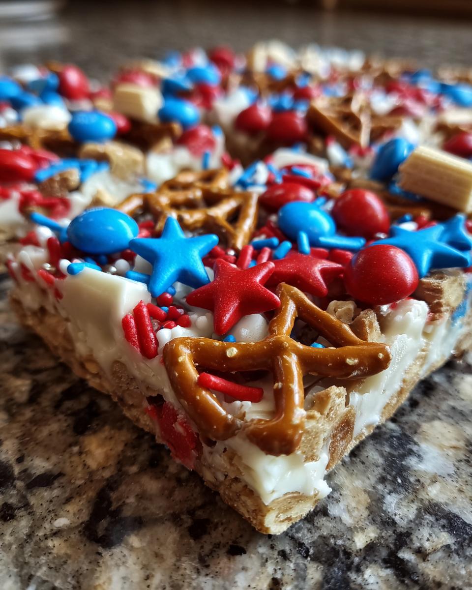 A slice of Fourth of July dessert bark with red, white, and blue sprinkles, stars, M&Ms, and pretzels.